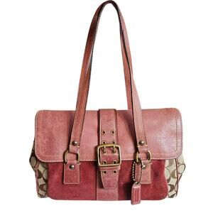 Coach Shoulder Bag 2004 Special Edition Signature Suede Burgundy 7065 Satchel
